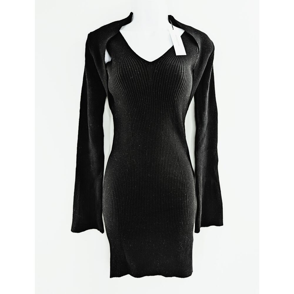 Stitches & Stripes Black Ribbed Knit V-Neck Mini Dress Long Sleeve Cold Shoulder - Picture 4 of 13